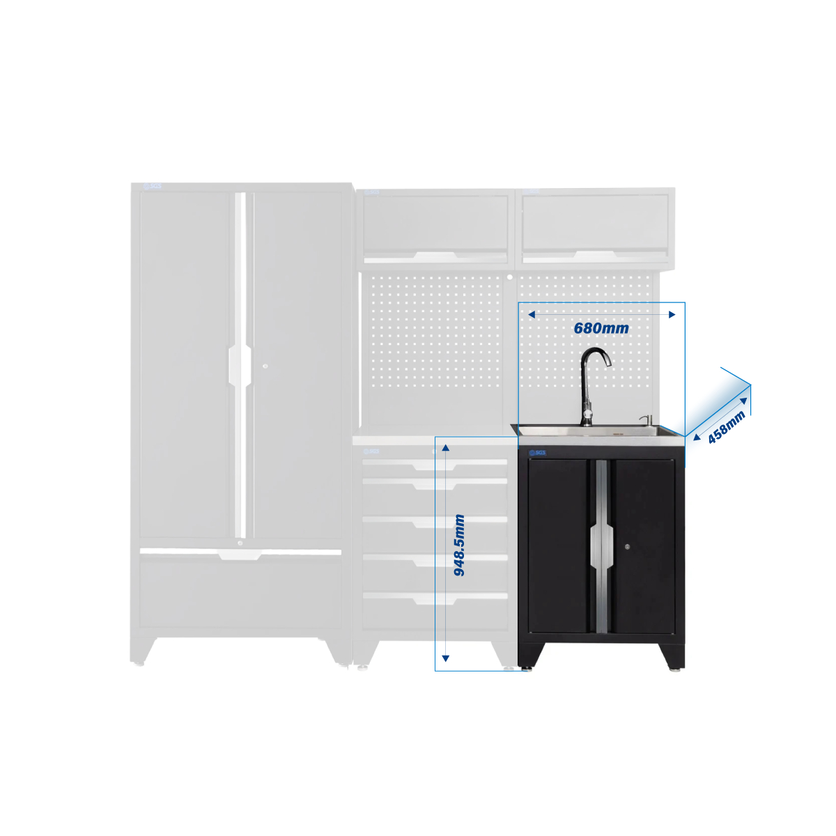 SGS 7pc Garage Storage System | 5 Drawers | Stainless Steel Worktop | Sink Unit | 2x Upper Cabinets | Tall Double Cabinet | Tall Double Cabinet with Drawer